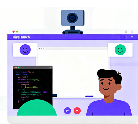 HunchVue live coding interview platform - Supports 35+ programming languages with real-time code playback and proctoring alerts