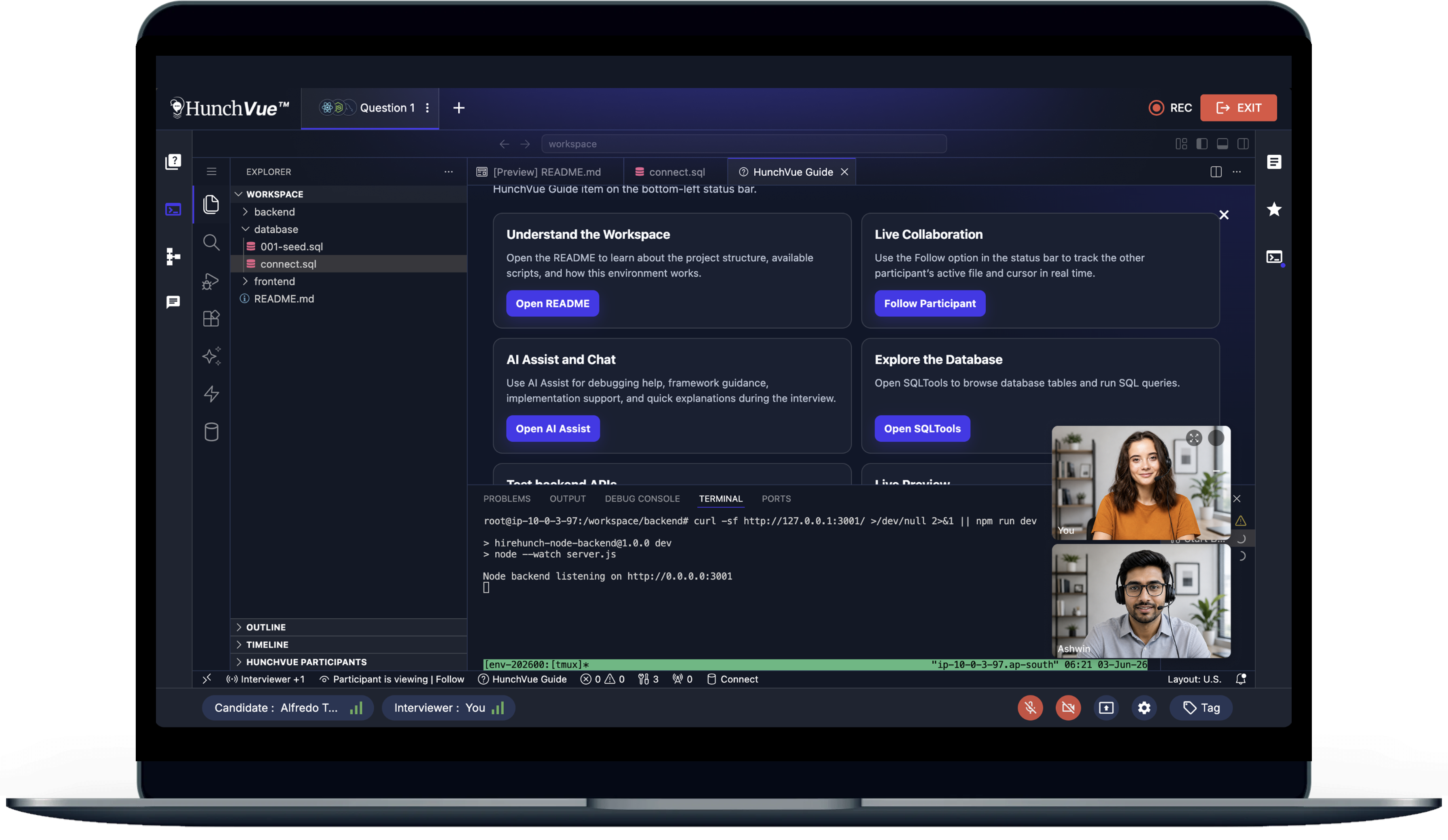 HunchVue - Technical Interview Platform with Live Coding and Video